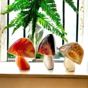 Banded Agate SET Artisan Hand Carved Luminous Mushroom Crystal Trio UNIQUE